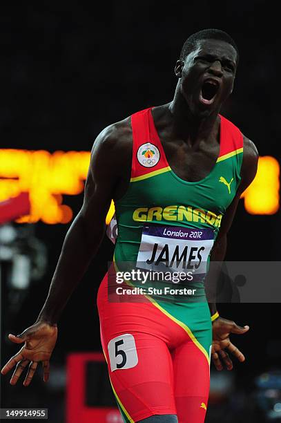 Kirani James of Grenada reacts after he crosses the finish line to win the gold medal in the Men's 400m final on Day 10 of the London 2012 Olympic...