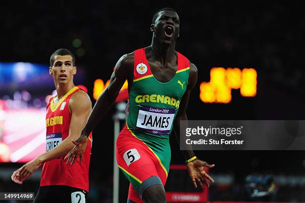 Kirani James of Grenada reacts after winning the gold medal in the Men's 400m final on Day 10 of the London 2012 Olympic Games at the Olympic Stadium...