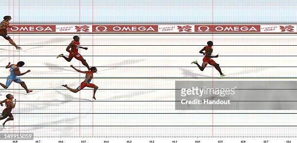 In this handout photo finish image supplied by Omega, Kirani James of Grenada crosses the finish line to win the gold medal in the Men's 400m Final...