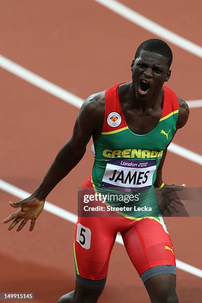 Kirani James of Grenada celebrates after winning the gold medal in the Men's 400m final on Day 10 of the London 2012 Olympic Games at the Olympic...