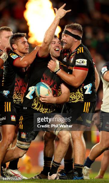 Brodie Retallick of the Chiefs celebrates his try during the Super Rugby Pacific Semi Final match between Chiefs and Brumbies at FMG Stadium Waikato,...
