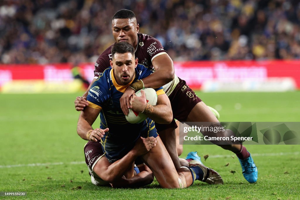 Ryan Matterson Rugby Ryan Matterson of the Eels is tackled during the round 16 NRL match ...