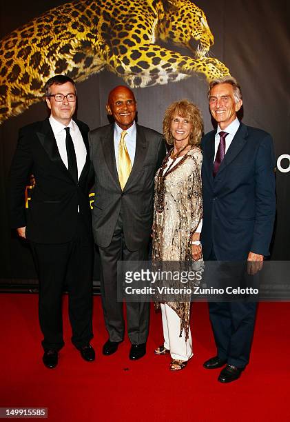 Olivier Pere, Harry Belafonte, Pamela Belafonte, Marco Solari attend "Bachelorette" premiere during the 65th Locarno Film Festival on August 6, 2012...