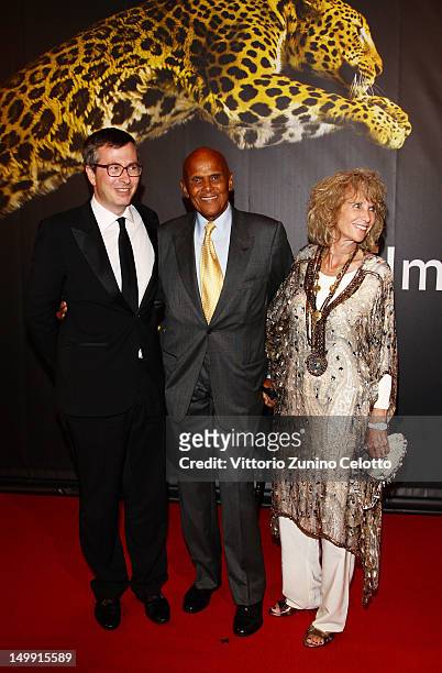 Olivier Pere, Harry Belafonte and Pamela Belafonte attend "Bachelorette" premiere during the 65th Locarno Film Festival on August 6, 2012 in Locarno,...