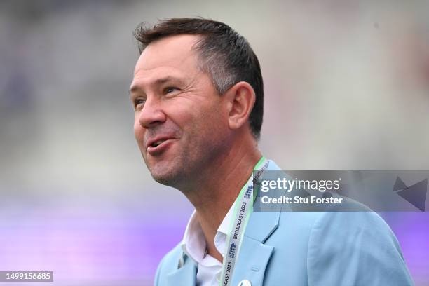 Former Australian cricket team Captain, Ricky Ponting looks on prior to the start of play on Day 2 of the LV= Insurance Ashes 1st Test match between...