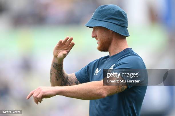 Ben Stokes of England looks on during warm-up prior to the start of play on Day 2 of the LV= Insurance Ashes 1st Test match between England and...