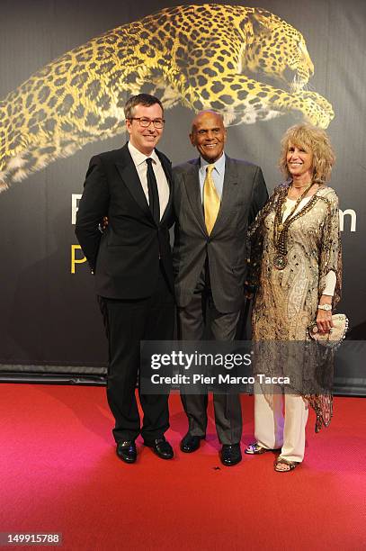 Olivier Pere, Harry Belafonte and Pamela Bellafonte attend "Bachelorette": Premiere at 65th Locarno Film Festival on August 6, 2012 in Locarno,...