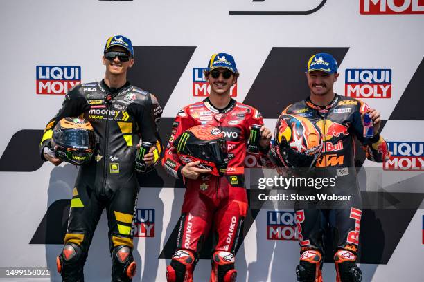 MotoGP Top-3 qualifiers at parc ferme with Luca Marini of Italy and Mooney VR46 Racing Team , Francesco Bagnaia of Italy and Ducati Lenovo Team and...