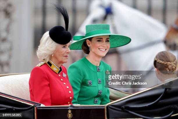 Queen Camilla and Catherine, Princess of Wales are seen during Trooping the Colour on June 17, 2023 in London, England. Trooping the Colour is a...