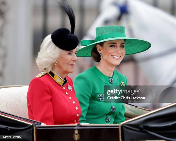 Queen Camilla and Catherine, Princess of Wales are seen during Trooping the Colour on June 17, 2023 in London, England. Trooping the Colour is a...