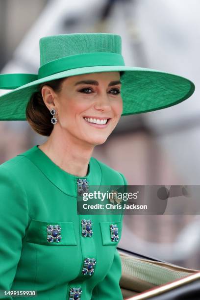 Catherine, Princess of Wales is seen during Trooping the Colour on June 17, 2023 in London, England. Trooping the Colour is a traditional parade held...