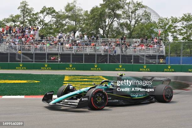 Fernando Alonso of Spain and Aston Martin AMR23 on track during practice ahead of the F1 Grand Prix of Canada at Circuit Gilles Villeneuve on June...