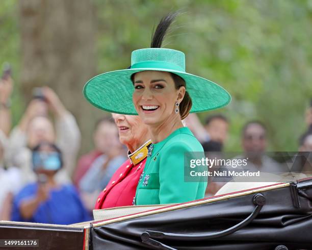 Catherine, Princess of Wales travels down The Mall in a horse drawn carriage during Trooping the Colour on June 17, 2023 in London, England. Trooping...