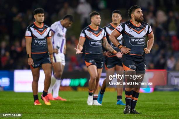 Isaiah Papali'i of the Tigers walks to the sheds at half time during the round 16 NRL match between Wests Tigers and Melbourne Storm at Campbelltown...