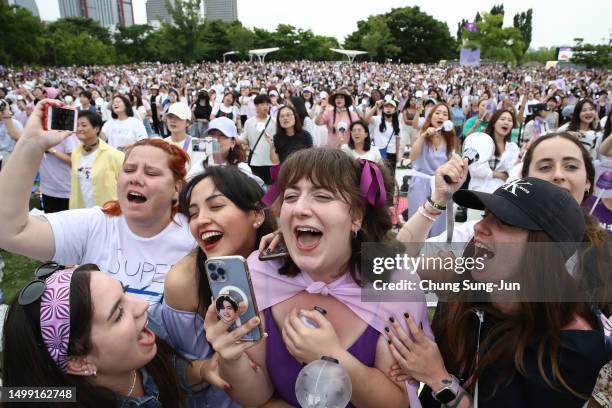 Fans of K-pop boy band BTS gather at the Yeouido park during the 'BTS Festa' on June 17, 2023 in Seoul, South Korea. 'BTS Festa' is marking 10 years...