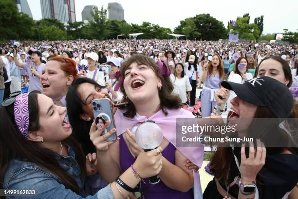 Fans of K-pop boy band BTS gather at the Yeouido park during the 'BTS Festa' on June 17, 2023 in Seoul, South Korea. 'BTS Festa' is marking 10 years...