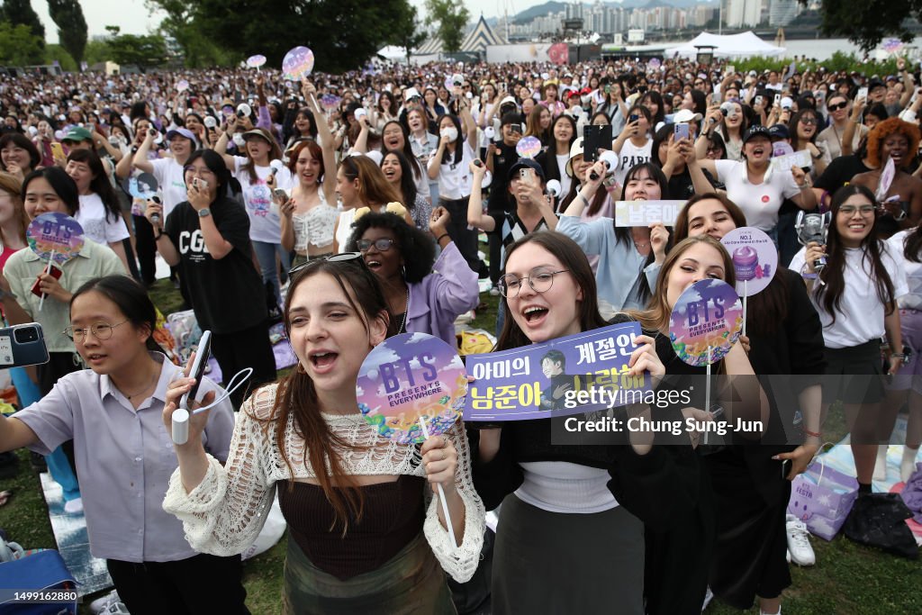 Fans of Kpop boy band BTS gather at the Yeouido park during the 'BTS