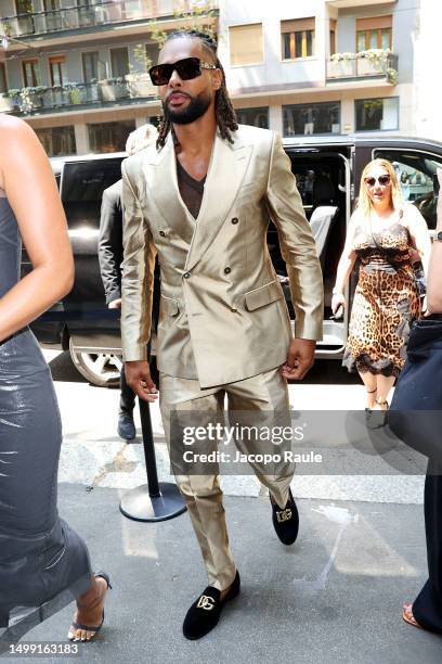 Patty Mills is seen front row at the Dolce&Gabbana Spring/Summer 2024 fashion show during the Milan Fashion Week menswear spring/summer 2024 on June...