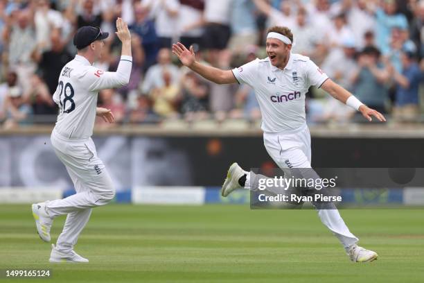 Stuart Broad of England celebrates taking the wicket of Marnus Labuschagne of Australia on Day 2 of the LV= Insurance Ashes 1st Test match between...