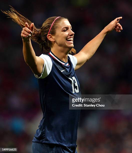 Alex Morgan of of the United States celebrates after scoring during the Women's Football Semi Final match between Canada and USA, on Day 10 of the...