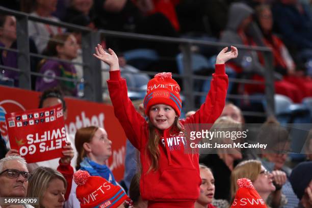 Fans cheer during the round 14 Super Netball match between NSW Swifts and Adelaide Thunderbirds at Ken Rosewall Arena on June 17, 2023 in Sydney,...