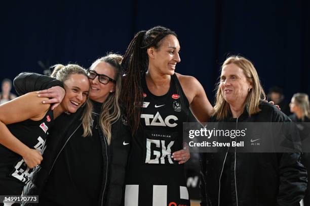 Geva Mentor and Nicole Richardson Head Coach of the Magpies Celebrates the win during the round 14 Super Netball match between Collingwood Magpies...
