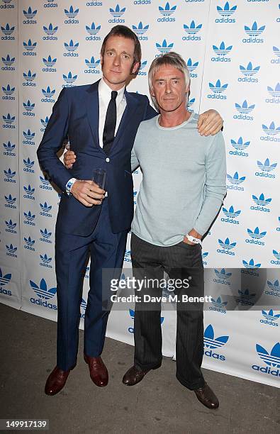 Olympic Gold Medalist Bradley Wiggins and Paul Weller arrive as The Stone Roses perform a secret gig at adidas Underground on August 6, 2012 in...