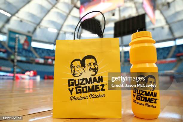Guzman Y Gomez branding pre-game ahead of the round 14 Super Netball match between NSW Swifts and Adelaide Thunderbirds at Ken Rosewall Arena on June...