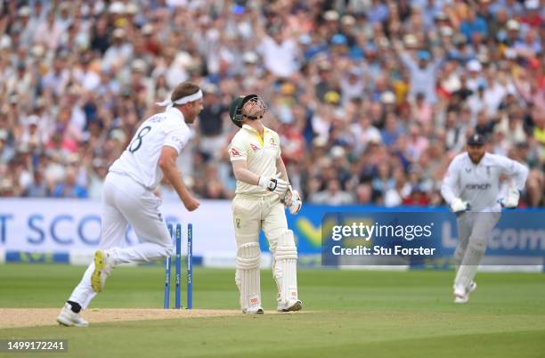 Australia batsman David Warner reacts after being dismissed by Stuart Broad during day two of the LV= Insurance Ashes 1st Test Match between England...