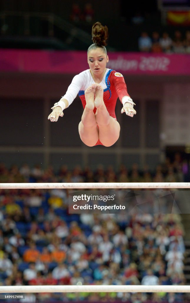 Aliya Mustafina of Russia competes in the Artistic Gymnastics Women's