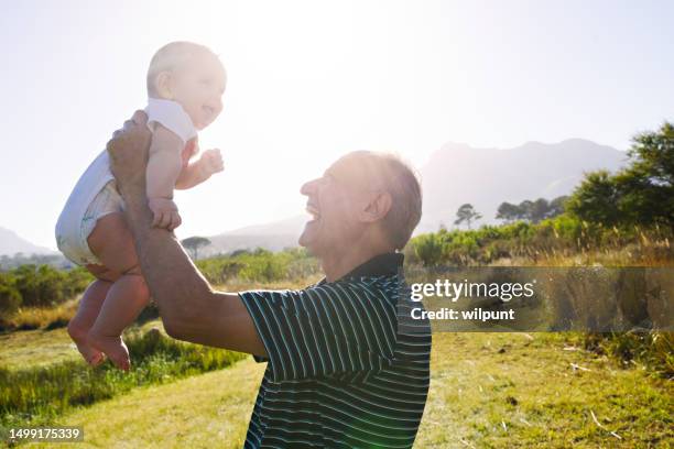 granddad holding smiling grandson up in the air lens flare - relaxed sunshine happy lens flare bildbanksfoton och bilder