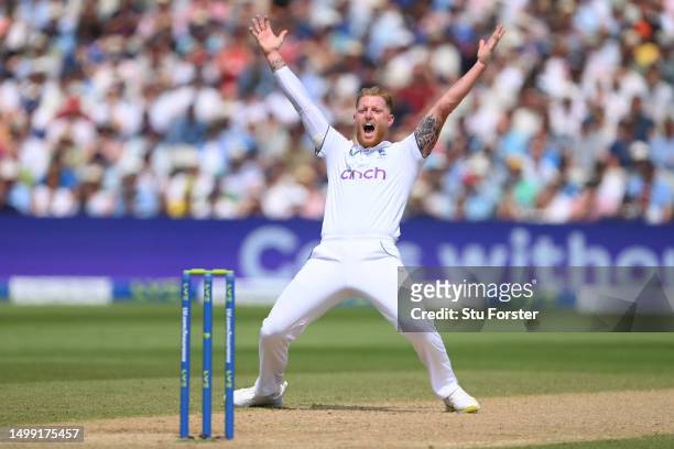 Ben Stokes of England appeals successfully for the wicket of Steve Smith of Australia during Day 2 of the LV= Insurance Ashes 1st Test match between...