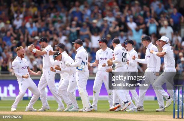 Ben Stokes of England celebrates taking the wicket of Steve Smith of Australia after review during Day 2 of the LV= Insurance Ashes 1st Test match...