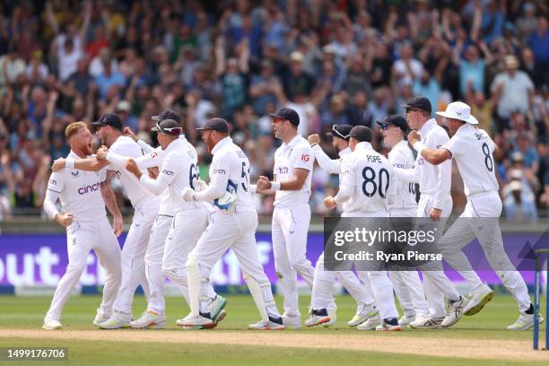 Ben Stokes of England celebrates taking the wicket of Steve Smith of Australia after review during Day 2 of the LV= Insurance Ashes 1st Test match...