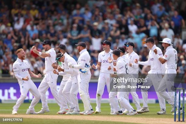 Ben Stokes of England celebrates taking the wicket of Steve Smith of Australia after review during Day 2 of the LV= Insurance Ashes 1st Test match...