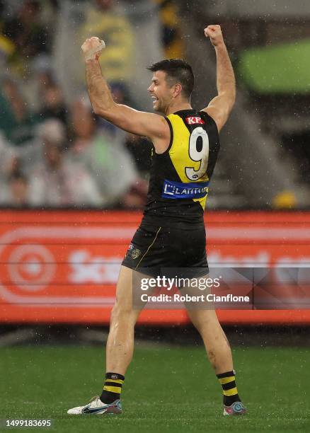 Trent Cotchin of the Tigers celebrates a goal scored by team mate Shai Bolton during the round 14 AFL match between Richmond Tigers and St Kilda...