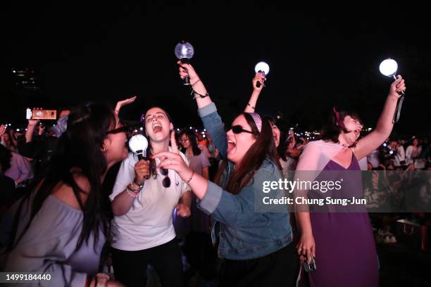 Fans of K-pop boy band BTS gather at the Yeouido park during the 'BTS Festa' on June 17, 2023 in Seoul, South Korea. 'BTS Festa' is marking 10 years...