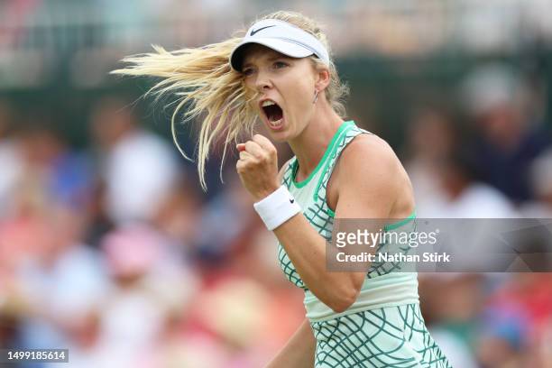 Katie Boulter of Great Britain celebrates after winning the first set against Heather Watson of Great Britain during the Rothesay Open at Nottingham...