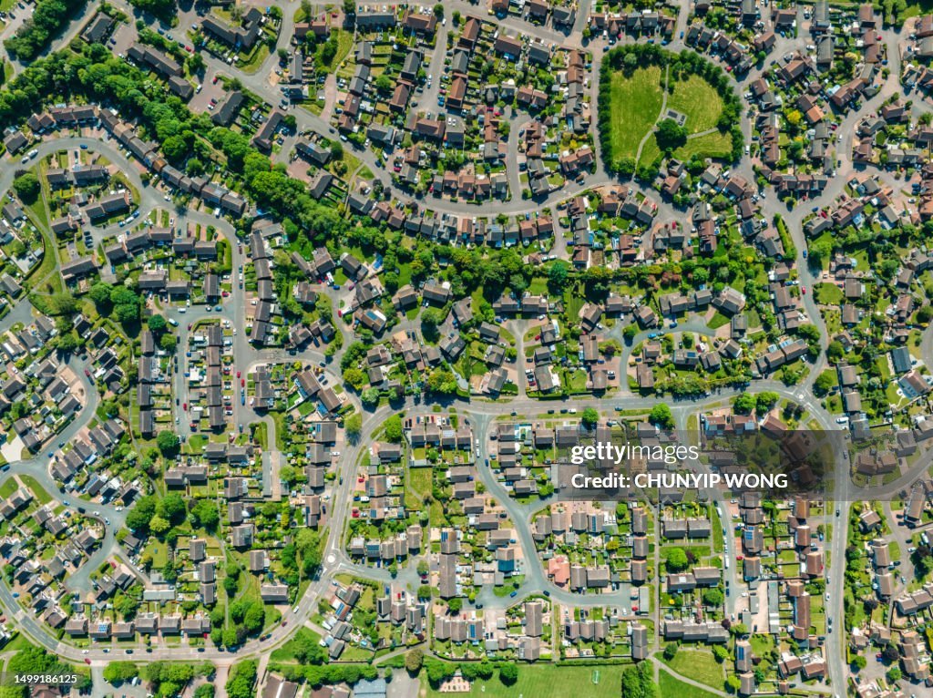 Houses and fields shown from the sky by drone give a unique perspective on UK life on the suburbs