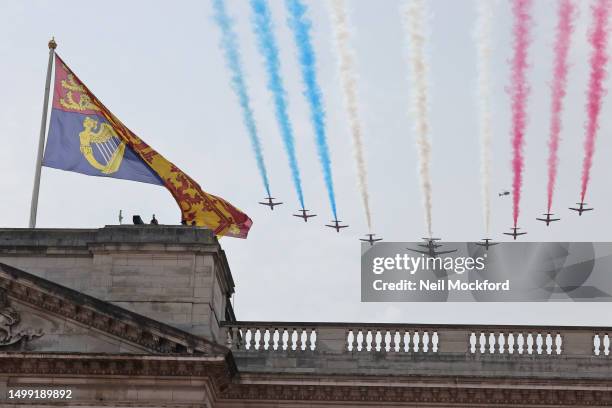 Fly-past of the Red Arrows fly over Buckingham Palace during Trooping the Colour on June 17, 2023 in London, England. Trooping the Colour is a...