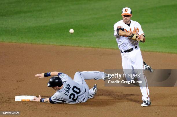 Mike Carp of the Seattle Mariners breaks up the double play against J.J. Hardy of the Baltimore Orioles at Oriole Park at Camden Yards on August 6,...