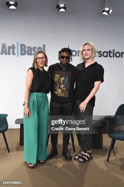 Elena Filipovic, Tiona Nekkia McClodden and Patrick Staff AKA P.Staff attend day four of Art Basel 2023 at Messe Basel on June 16, 2023 in Basel,...