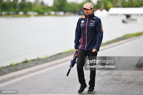 Sergio Perez of Mexico and Oracle Red Bull Racing walks in the Paddock prior to final practice ahead of the F1 Grand Prix of Canada at Circuit Gilles...