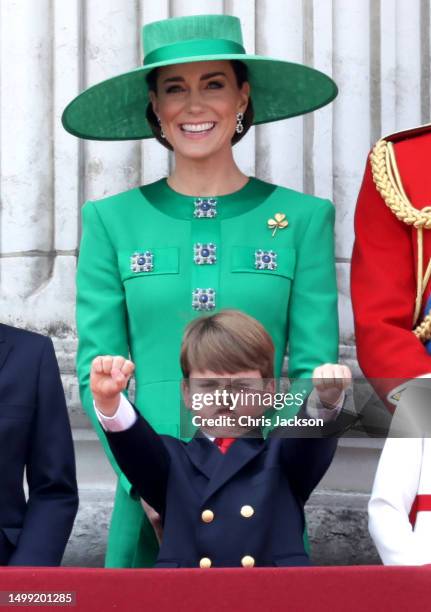 Prince Louis of Wales and Catherine, Princess of Wales watch the fly-past on the Buckingham Palace balcony during Trooping the Colour on June 17,...