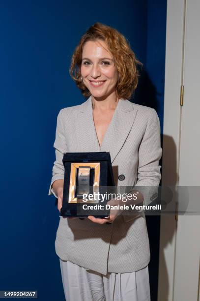 Isabella Ragonese poses with Nastro D'Argento Award during the 77th Nastri D'Argento 2023 - Tv Series press conference at on June 17, 2023 in Naples,...