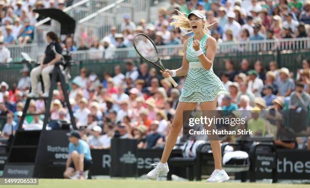 Katie Boulter of Great Britain celebrates after beating Heather Watson of Great Britain during the Rothesay Open at Nottingham Tennis Centre on June...