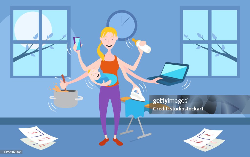 Working at home.Housework with baby
