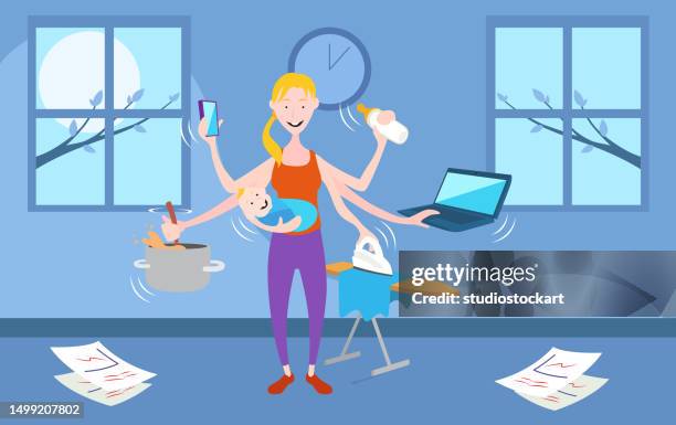 working at home.housework with baby - mother and baby and laptop stock illustrations