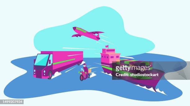 illustrazioni stock, clip art, cartoni animati e icone di tendenza di concetto di luce per il trasporto merci. aereo, nave, camion e moto - mare moto