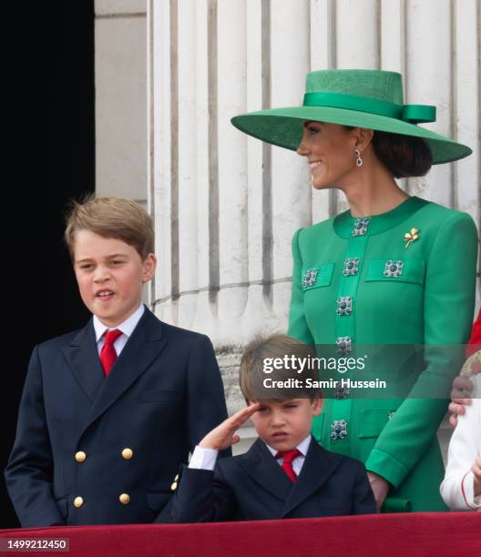 Prince George of Wales, Prince Louis of Wales and Catherine, Princess of Wales on the balcony during Trooping the Colour on June 17, 2023 in London,...